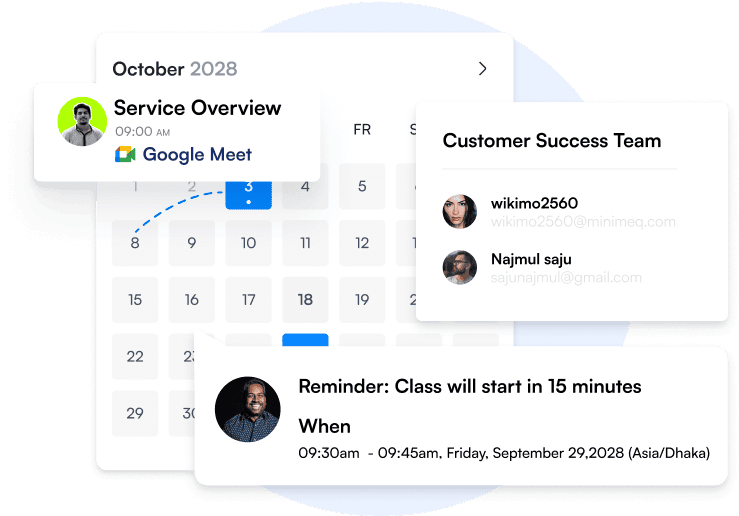 Een digitale kalender voor oktober 2028 toont gebeurteniskaarten: "Serviceoverzicht" via Google Meet, een vergadering van het klantensucces team met e-mails van gebruikers, en een lesherinnering voor 9:45 uur, 29 september 2028. Bij elke gebeurtenis staan profielfoto's.