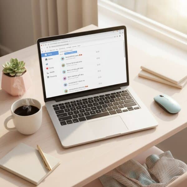 Ideale werkplek met laptop, notitieboek en plant voor online zakelijk succes en efficiënte virtuele bedrijfsvoering.