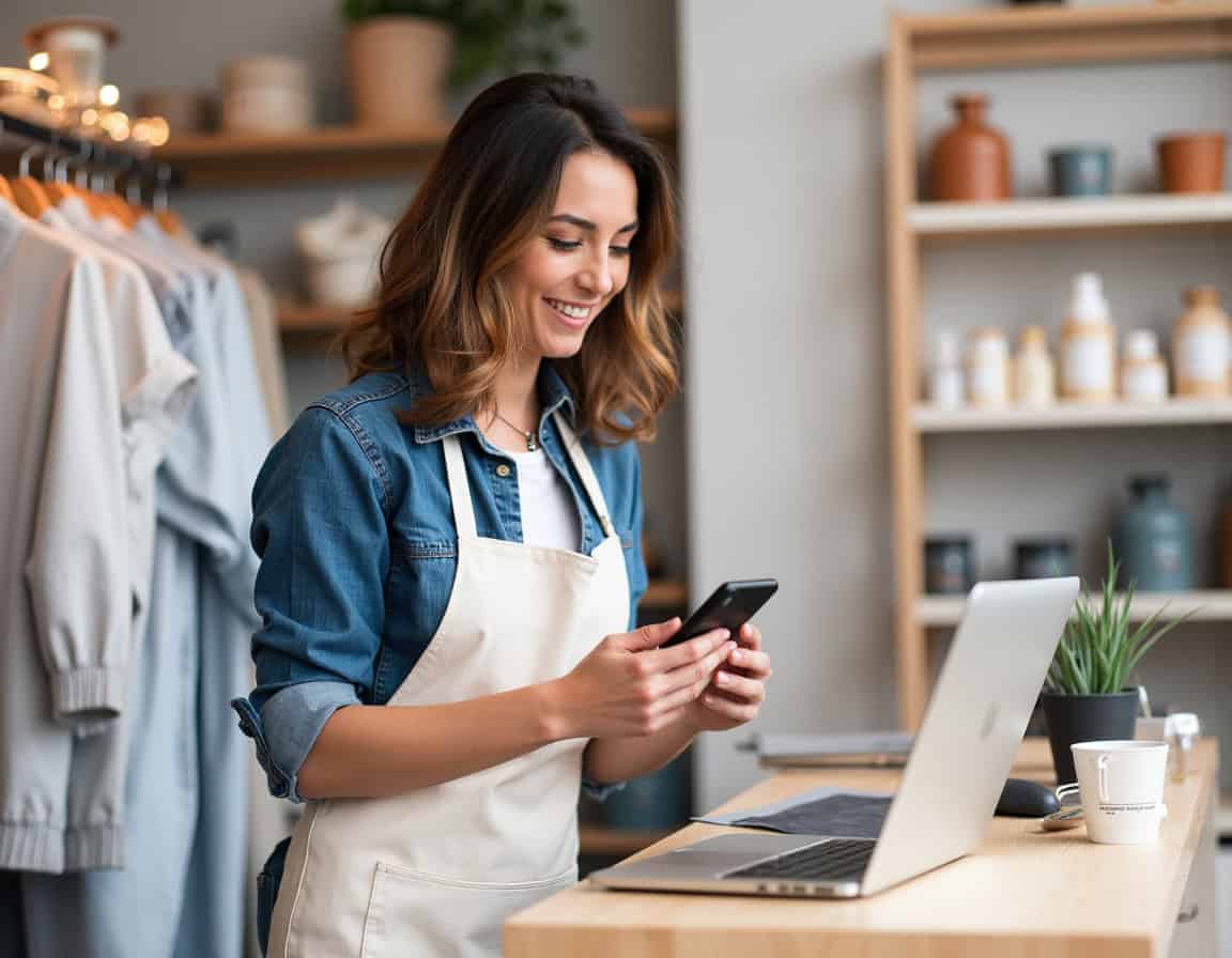 Een glimlachende vrouw in een denim shirt en schort staat bij een toonbank met een laptop in de hand en een smartphone. In haar gezellige winkel staan op de planken potten, planten en kleding, waardoor er een uitnodigende ruimte ontstaat die de merkbeleving voor elke klantinteractie verbetert.