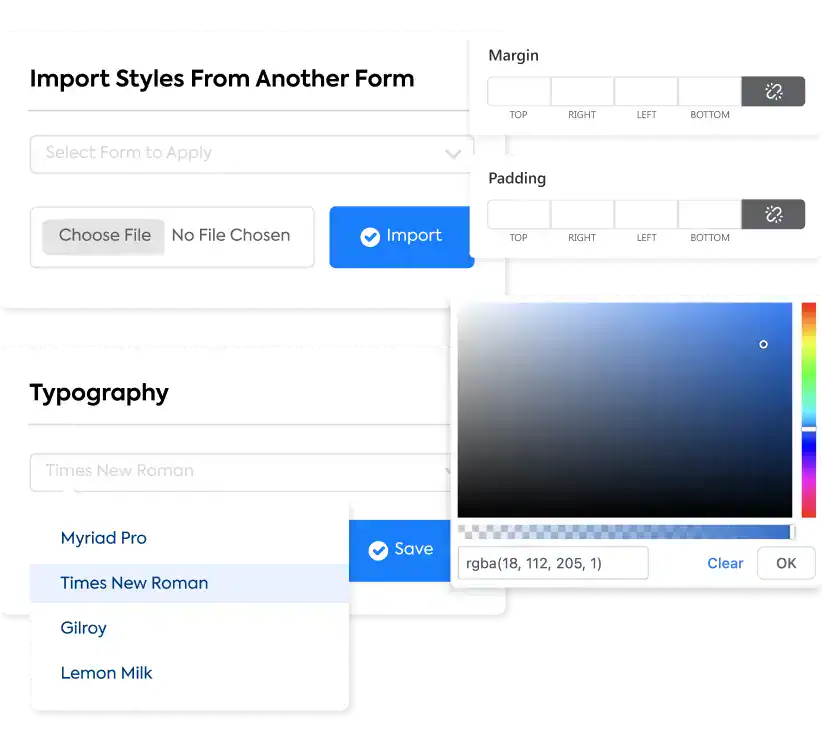 Een gebruikersinterface toont opties om stijlen te importeren, bestanden te uploaden en marge- en opvulwaarden in te stellen. In het typografiegedeelte kun je lettertypes selecteren uit een dropdown en het bevat een kleurenkiezer met RGB-waarden om de tekstkleur aan te passen.