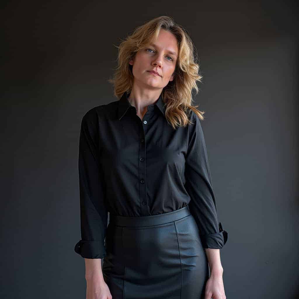 Een vrouw met golvend blond haar in een zwart overhemd met knopen en een leren rok staat tegen een effen donkere achtergrond neutraal naar de camera te staren en straalt zelfvertrouwen uit dat past bij de webdesigngemeenschap.