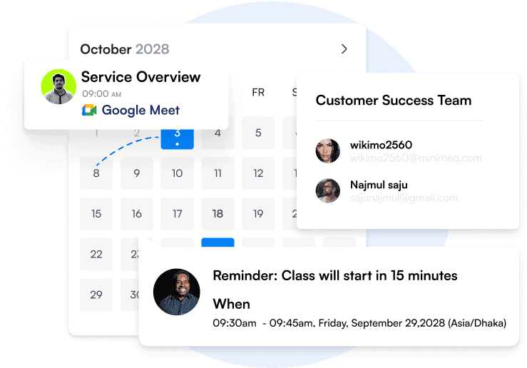 Een digitale kalender voor oktober 2028 toont gebeurteniskaarten: "Serviceoverzicht" via Google Meet, een vergadering van het klantensucces team met e-mails van gebruikers, en een lesherinnering voor 9:45 uur, 29 september 2028. Bij elke gebeurtenis staan profielfoto's.