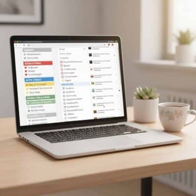 Software, digitale marketing en bedrijfsbeheer op laptop scherm met notities en takenlijst correct georganiseerd, focus op efficiëntie en productiviteit voor virtueel zakendoen in Nederland.