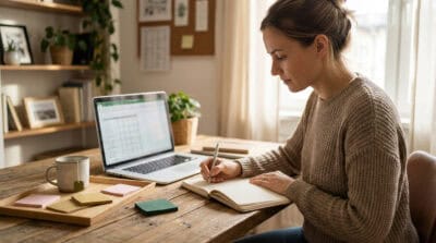 Ondernemer aan een houten bureau die in een notitieboek een simpel besliskader uitschetst naast een laptop, mok thee en gekleurde post-its, in warm daglicht met rustige, natuurlijke kleuren en subtiele VirtualBiz-accenten.